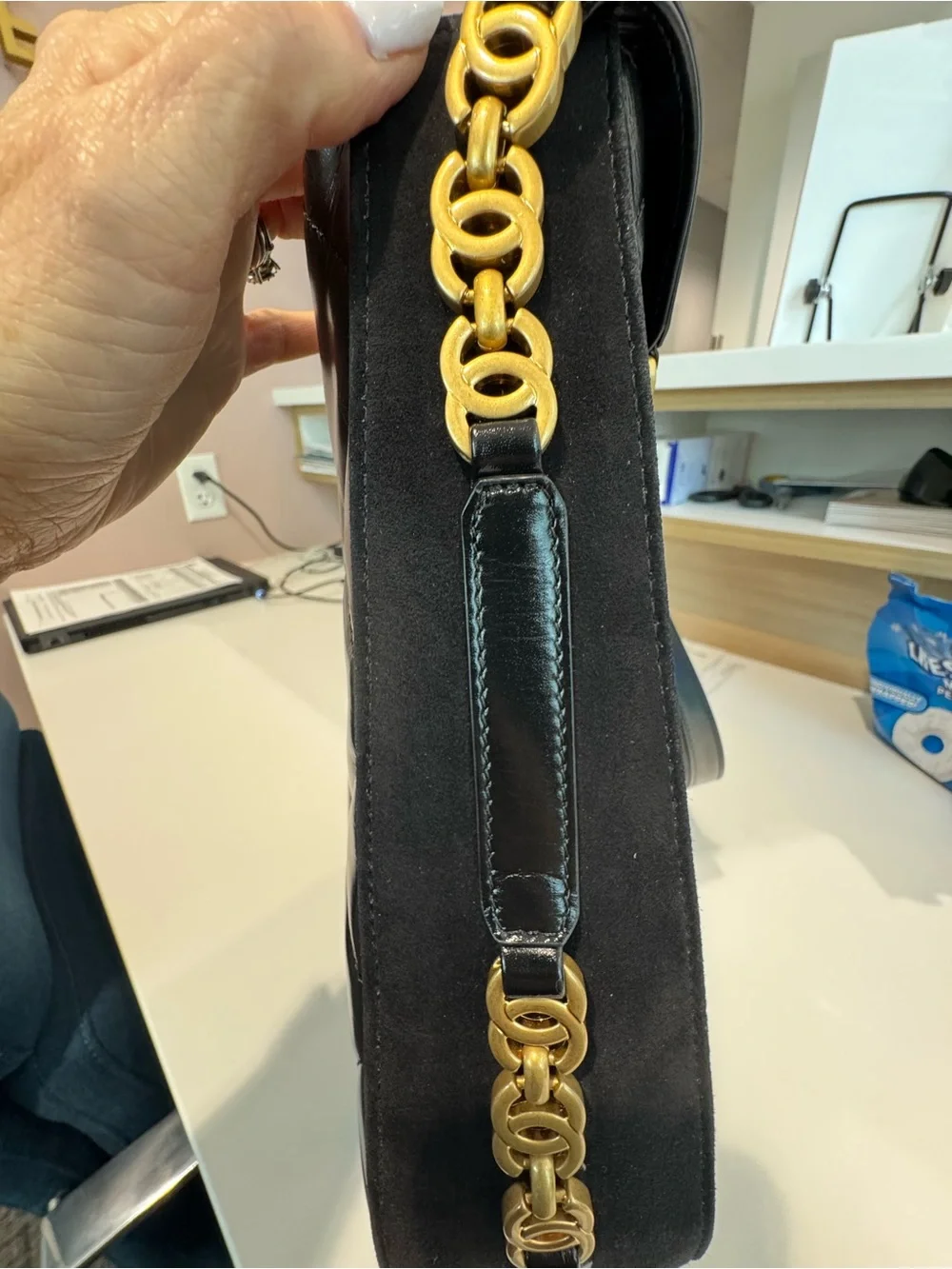 CHANEL Black Quilted Lambskin Shoulder Bag with Gold CC Accent